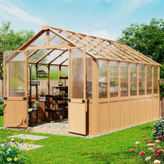 EROMMY 8x12 FT Wooden Greenhouse for Outdoors, Large Walk-in Greenhouse Kit with 4mm Polycarbonate Panels, Adjustable Roof Vent, Lockable Door, Outdoor Greenhouse for Backyard Garden