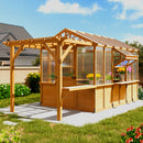 EROMMY 7x16 FT Spruce Wood Greenhouse with Pergola, Large Walk-in Polycarbonate Greenhouse Kit with Top-Hung Windows, Built-in Workstation and Staging Shelves for Backyard Garden