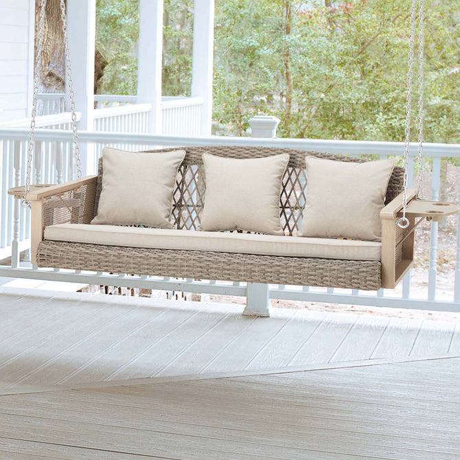 EROMMY 3 Seats Porch Swing Hanging Bench Swing Lounge Front Rattan Swing for Garden, Balcony, Beige-Erommy