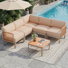 EROMMY 6-Piece Aluminum Patio Sectional Sofa Set, Outdoor Conversation Set with 6" Washable Thick Cushions & Coffee Table, Beige