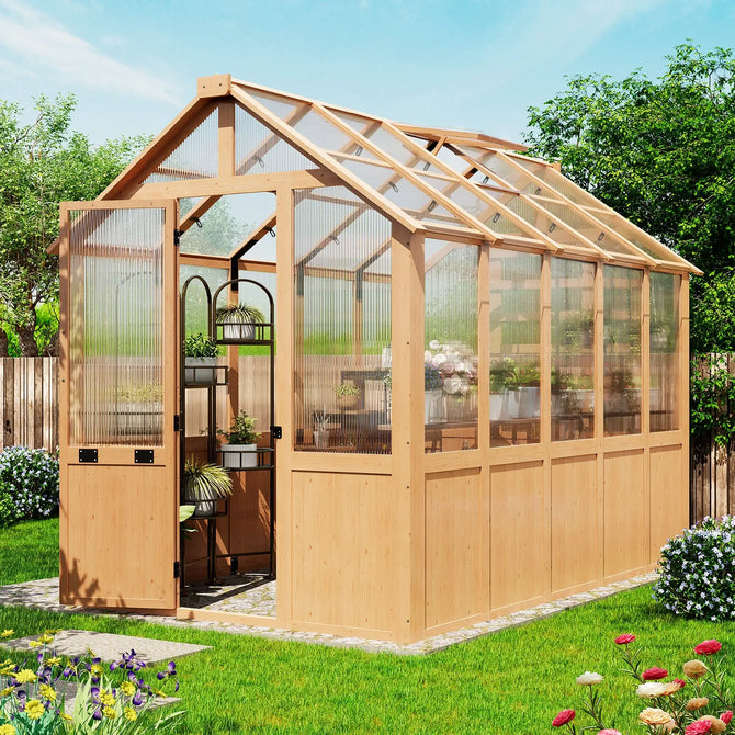 EROMMY 6x10 FT Wooden Greenhouse for Outdoors, Walk-in Greenhouse Kit with 4mm Polycarbonate Panels, Adjustable Roof Vent, Lockable Door, Backyard Greenhouse for Plants and Vegetables