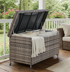 EROMMY 240 Gallon Wicker Deck Box with Wheels, Outdoor Storage Box with Liner Patio Waterproof Deck Storage Box Wicker Chest Storage Trunk Rattan Pool Container for Garden, Balcony, Yard, Grey