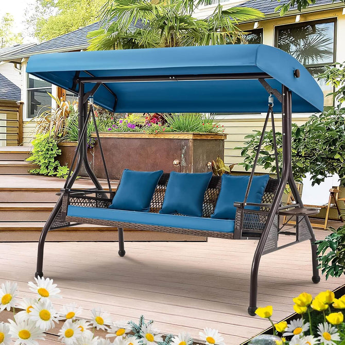 EROMMY 3-Person Outdoor Wicker Porch Swing Bed for Patio Blue-Erommy