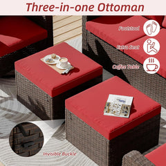 EROMMY 2 Piece Outdoor Patio Ottoman, Rattan Wicker Footstool with Cushion, Invisible Buckle, Multi-Functional Seat or Coffee Table, Wine Red