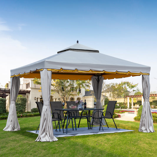 Erommy 12' x 12' Outdoor Canopy Gazebo, Double Roof Patio Gazebo Steel Frame with Netting and Shade Curtains for Garden,Patio,Party Canopy, Grey