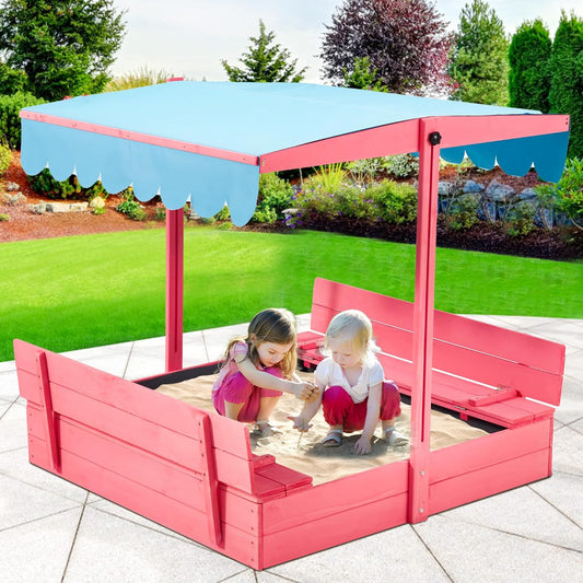 EROMMY Kids Sandbox with Cover, Wooden Sandbox with Height Adjustable Roof, Foldable Bench Seats for Aged 3-8, Outdoor Sandbox with Sand Protection Liner, for Backyard, Beach, Lawn, Pink