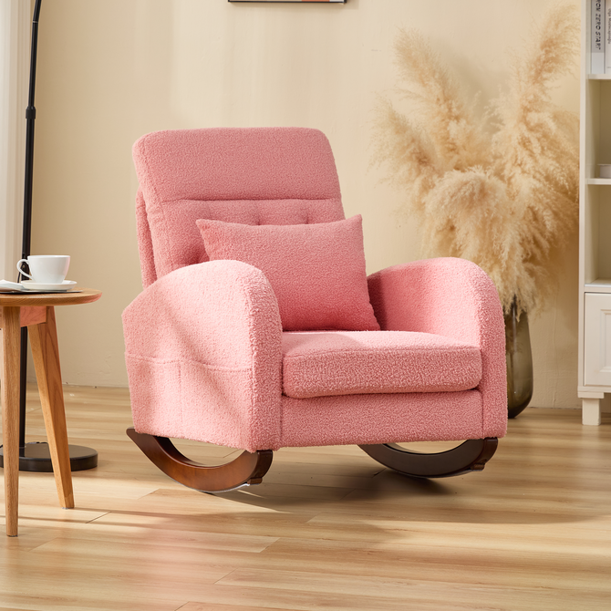 EROMMY Solid Wood Rocking Chair with Cushion & Blanket, Pink, Low Legs-Erommy