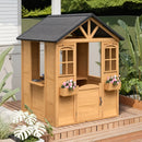 EROMMY Wooden Playhouse for Kids, Outdoor Garden Pretend Play Games, Adventure Cottage, with Working Door, Windows, Service Station, Flowers Pot Holders, Beige