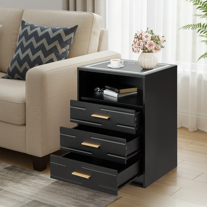 EROMMY LED Nightstand with Wireless Charging, Smart Bedside Table with Drawers & Adjustable LED Lights, Black-Erommy