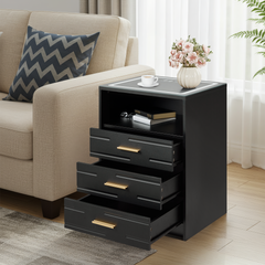 EROMMY LED Nightstand with Wireless Charging, Smart Bedside Table with Drawers & Adjustable LED Lights, Black-Erommy