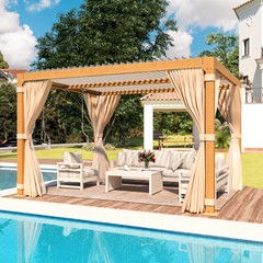 EROMMY 10x12 Louvered Pergola with Adjustable Rainproof Roof, Wood Grain Outdoor Aluminum Pergola, Curtains and Netting Included
