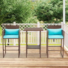 EROMMY 3-Piece Patio Wicker Bar Set, Rattan Bar Table & Stools with Cushion Covers (Blue/Gray)