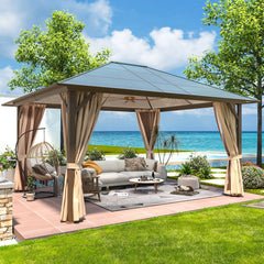 Erommy hardtop gazebo with a paneled roof, open aluminum frame, tied-back curtains, ceiling fan, and lounge seating overlooking a tropical beach.