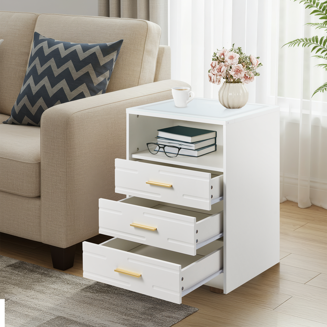 EROMMY LED Nightstand with Wireless Charging, Smart Bedside Table with Drawers & Adjustable LED Lights, White-Erommy