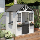EROMMY Wooden Playhouse for Kids, Outdoor Garden Pretend Play Games, Adventure Cottage, with Working Door, Windows, Service Station, Flowers Pot Holders, White