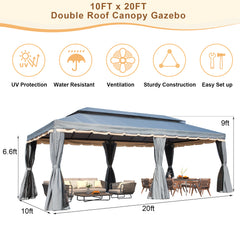 EROMMY 10x20 Outdoor Canopy Gazebo, Double Roof Patio Gazebo Steel Frame with Netting and Shade Curtains for Garden,Patio,Party Canopy, Grey-Erommy