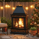 EROMMY 57" Outdoor Fireplace, Tile Finish Wood Burning Steel Fire Pit with Removable Ash Pan & Grate, Chimney, Fire Poker, Rain Cover