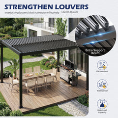 EROMMY 10' x 12' Outdoor Pergola with Adjustable Louvered Roof & Integrated Drainage, Heavy-Duty Metal Louvered Pergola for Patios, Black