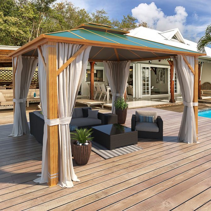 EROMMY 10'x12' Gazebo, Outdoor Wood Grain Hardtop Gazebos, Aluminum Composite Double Roof with Privacy Curtain and Mosquito Net Green-Erommy