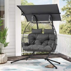 EROMMY Double Hanging Egg Chair with Stand, Wicker Loveseat Swing, Gray