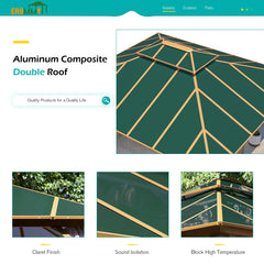 EROMMY 10'x12' Gazebo, Outdoor Wood Grain Hardtop Gazebos, Aluminum Composite Double Roof with Privacy Curtain and Mosquito Net Green-Erommy
