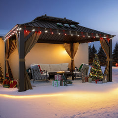 EROMMY 12' x 16' Hardtop Gazebo Galvanized Steel Double-Roof Canopy Outdoor, Aluminum Frame Permanent Metal Pavilion, Netting & Curtains-Erommy