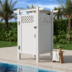 EROMMY 88.5"H x 57.5"W x 47.75"L White PVC Outdoor Shower Enclosure with Door, Weatherproof Privacy Stall for Pool & Beach, Durable Vinyl Construction(Grid-panel with roof)