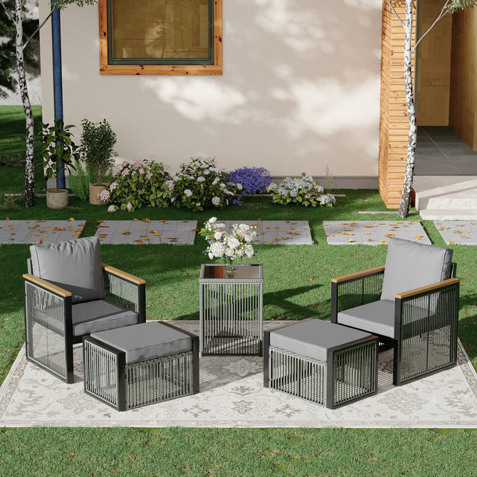 EROMMY 5 Pieces Patio Set Outdoor Furniture Set with Wood Armrest for Garden Balcony Backyard Poolside (Grey)-Erommy