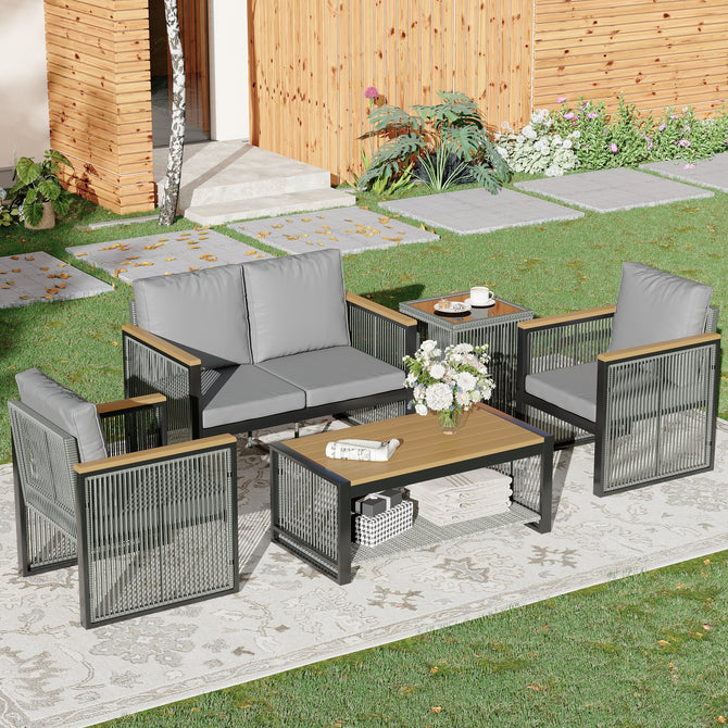 EROMMY 5 Pieces Outdoor Metal Furniture Set with Coffee Table & Side Table, Grey-Erommy