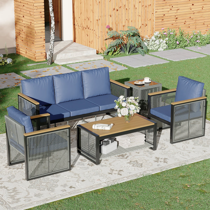 EROMMY 5-Piece Outdoor Sectional Patio Conversation Set with 3-seater sofa for Deck, Lawn, Blue-Erommy