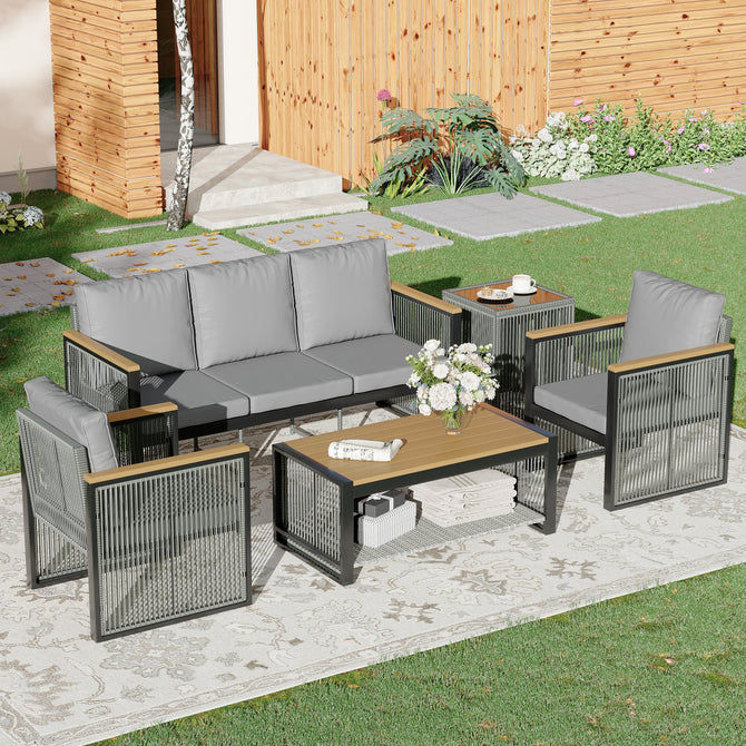 EROMMY 5-Piece Outdoor Sectional Patio Conversation Set with 3-seater sofa for Deck, Lawn, Grey-Erommy