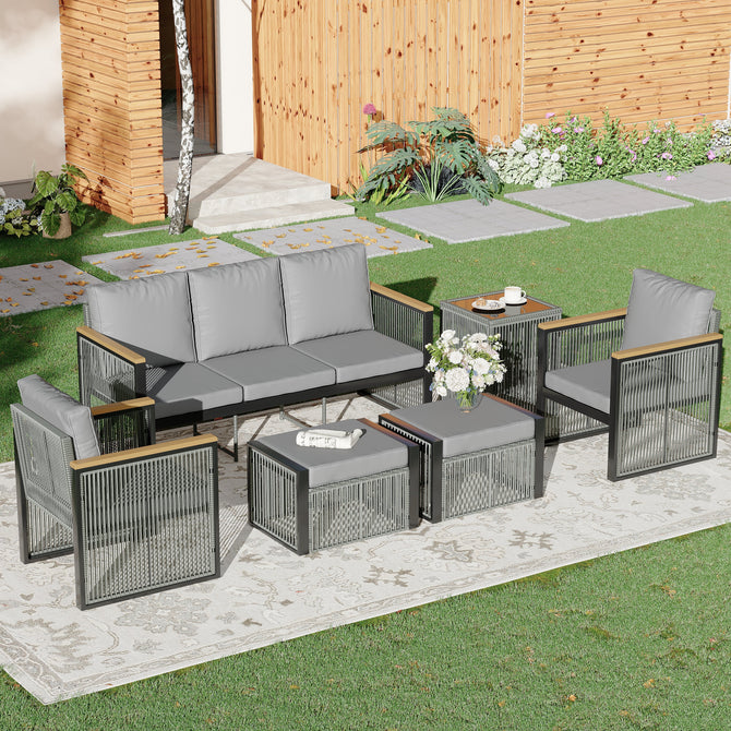 EROMMY 6 Seats Modern Outdoor Conversation Set Sectional Sofa with Coffee Table, Grey-Erommy