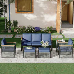 EROMMY 6 Seats Modern Outdoor Conversation Set Sectional Sofa with Coffee Table, Blue-Erommy