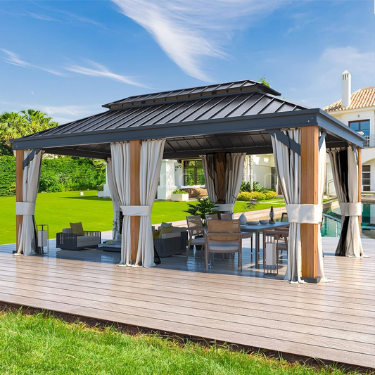 EROMMY Luxury Gazebo 12' x 20', Wooden Finish Coated Thicker Aluminum Frame Gazebo with Galvanized Steel Roof