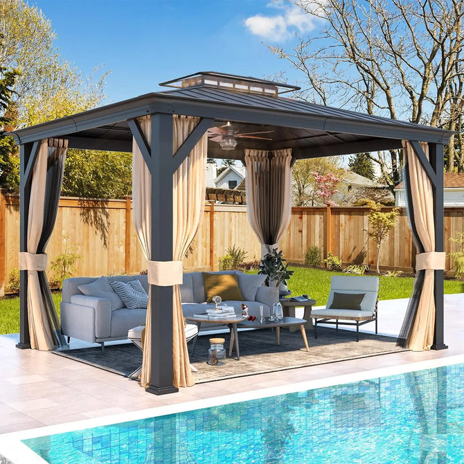 Erommy hardtop gazebo with double roof, flowing curtains, outdoor seating, and coffee table beside a backyard swimming pool and lawn
