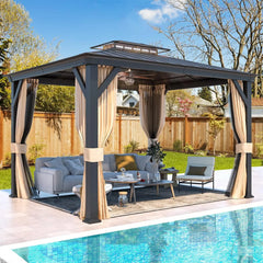Erommy hardtop gazebo with double roof, flowing curtains, outdoor seating, and coffee table beside a backyard swimming pool and lawn