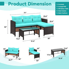 EROMMY 3 Piece Outdoor Patio Furniture Set, All-Weather PE Rattan Sofa Set with Glass Table & Cushions, Blue