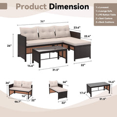 EROMMY 3 Piece Outdoor Patio Furniture Set, All-Weather PE Rattan Sofa Set with Glass Table & Cushions, Khaki