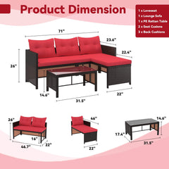 EROMMY 3 Piece Outdoor Patio Furniture Set, All-Weather PE Rattan Sofa Set with Glass Table & Cushions, Red