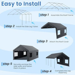 erommy 12x20 gray carport five-step frame and cover installation guide