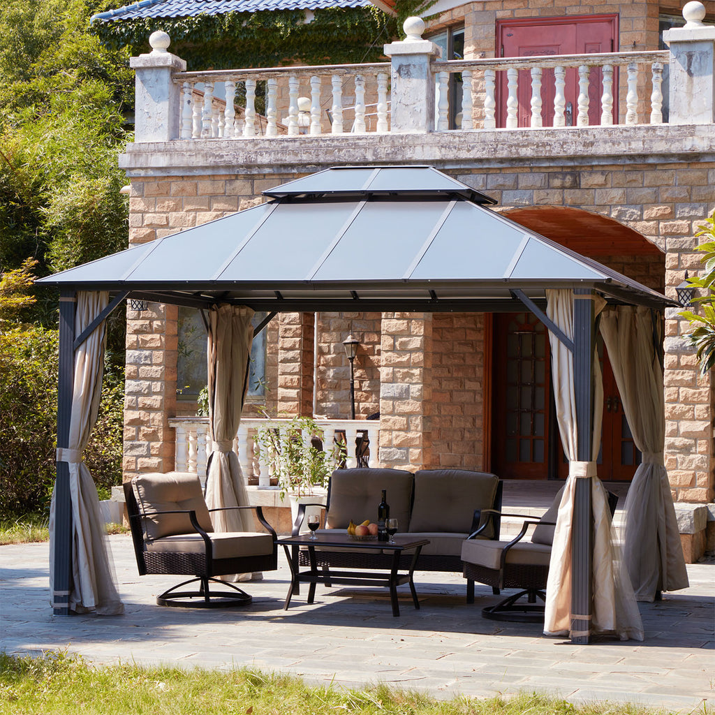 10x12FT Hardtop Patio Gazebo w/ Aluminum Composite Roof, Curtains ...