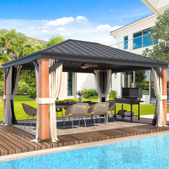 EROMMY 12'x16' Luxury Ultra-Thick Columns and Beams Hardtop Gazebo with Faux Wood Grain Aluminum Frame, Vertical Stripe Galvanized Steel Single Roof