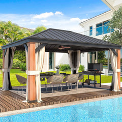 EROMMY 12' x 16' Luxury Ultra-Thick Columns and Beams Hardtop Gazebo with Faux Wood Grain Aluminum Frame, Vertical Stripe Galvanized Steel Single Roof-Erommy