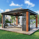 EROMMY 12' x 14' Hardtop Gazebo, Galvanized Steel Top with Wood Grain Aluminum Frame, Permanent Metal Pavilion with Three-Layer Storage Shelvess-Erommy