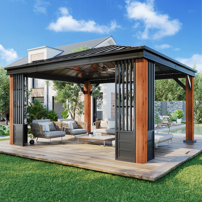 EROMMY 12' x 14' Hardtop Gazebo, Galvanized Steel Top with Wood Grain Aluminum Frame, Permanent Metal Pavilion with Three-Layer Storage Shelvess-Erommy