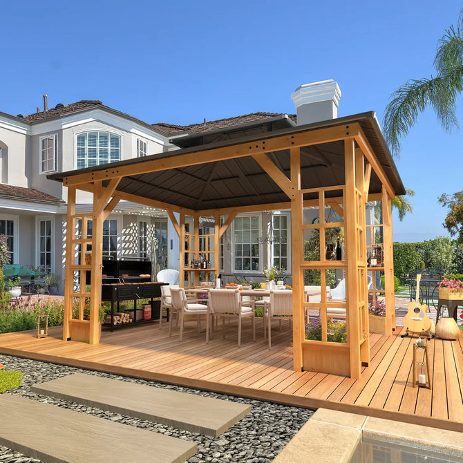 EROMMY 11' x 13' Wood Gazebo, Outdoor Hardtop Gazebo Pavilion with Spruce Solid Wooden Frame, Double Roof Metal Canopy for Patio Backyard Deck Garden-Erommy