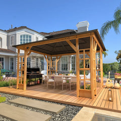 EROMMY 11' x 13' Wood Gazebo, Outdoor Hardtop Gazebo Pavilion with Spruce Solid Wooden Frame, Double Roof Metal Canopy for Patio Backyard Deck Garden-Erommy
