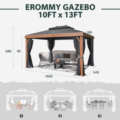 EROMMY 10' x 13' Hardtop Gazebo Faux Wood Grain with Aluminum Frame, Galvanized Steel Double Roof, Outdoor Patio Gazebo with Netting and Curtains for Backyard, Patio, Lawns