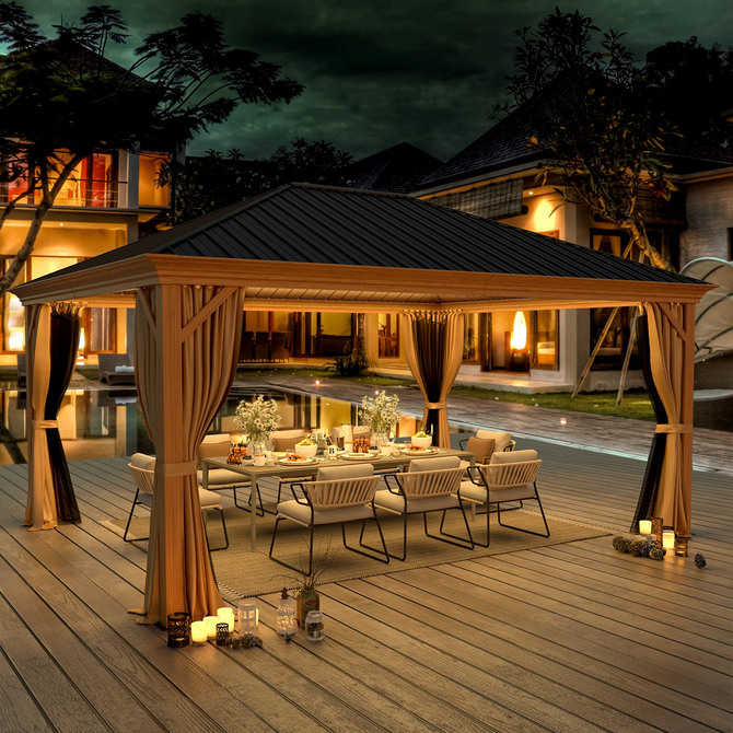 EROMMY 12' x 16' Gazebo Hard-Top Single Roof Canopy Outdoor,Wood Grain Permanent Aluminum Gazebo, for Gardens, Decks, Patios, Parties-Erommy