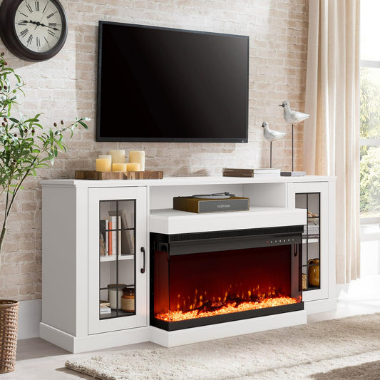 EROMMY Fireplace TV Stands for Living Room, 3-Sided Glass Fireplace TV Stand for TVs up to 70'' with 9 Color, White
